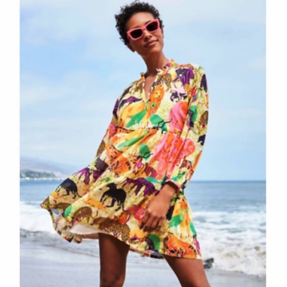 J Crew Tiered Popover Dress in Safari Ratti Linen Yellow